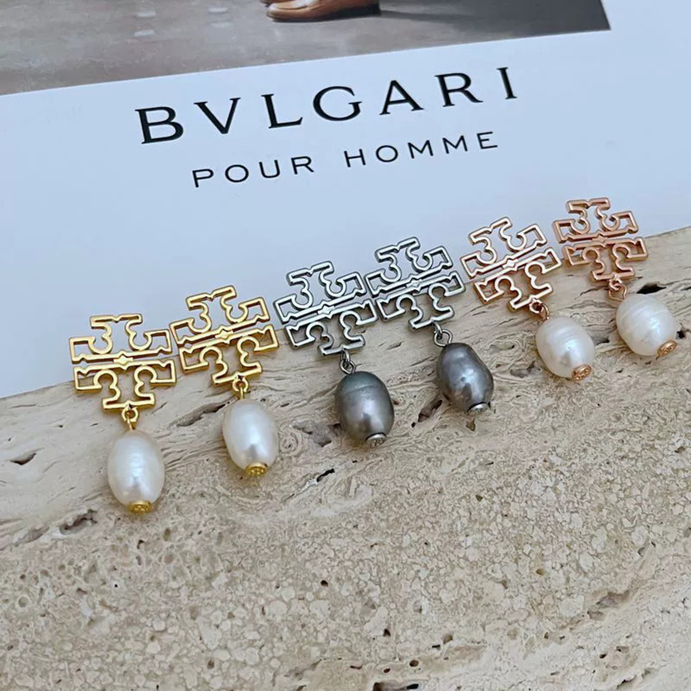 Tory Burch Hollow Letter Freshwater Pearl Drop Earrings